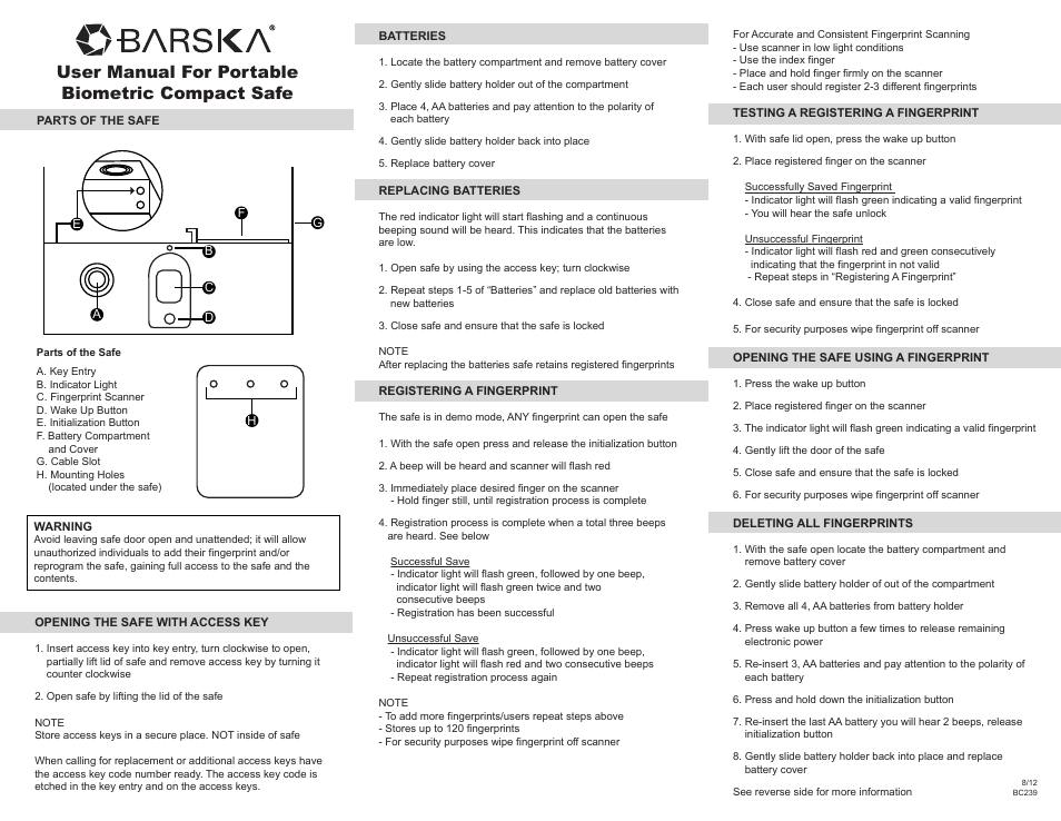 BARSKA AX11970 - Portabe Biometric Compact Safe User Manual | 2 pages