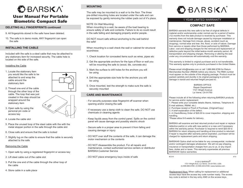User manual for portable biometric compact safe | BARSKA AX11970 - Portabe Biometric Compact Safe User Manual | Page 2 / 2