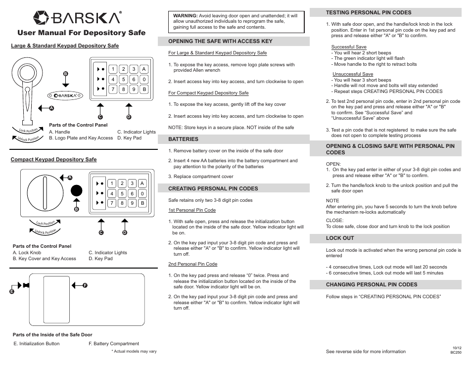 BARSKA AX11934 - Compact Keypad Depository Safe User Manual | 2 pages