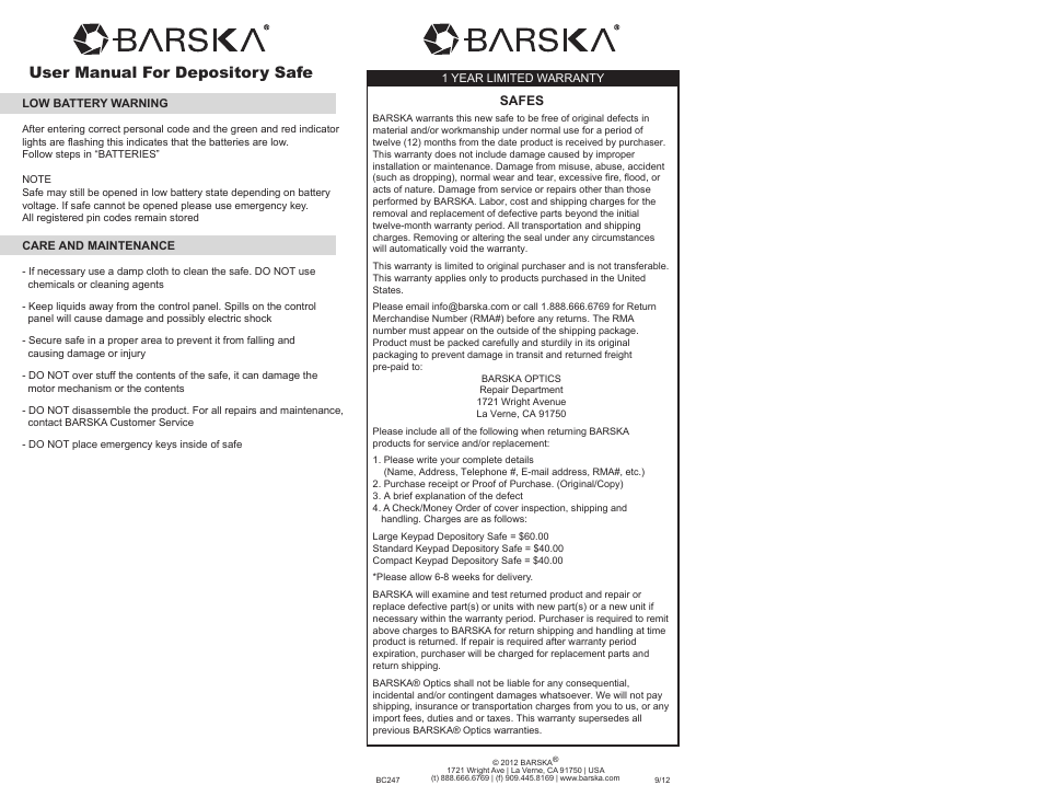 User manual for depository safe | BARSKA AX11934 - Compact Keypad Depository Safe User Manual | Page 2 / 2