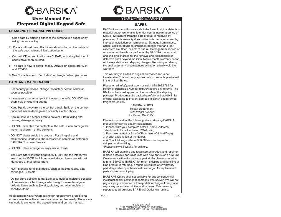 User manual for fireproof digital keypad safe | BARSKA AX11902 - Fireproof Digital Keypad Safe User Manual | Page 2 / 2