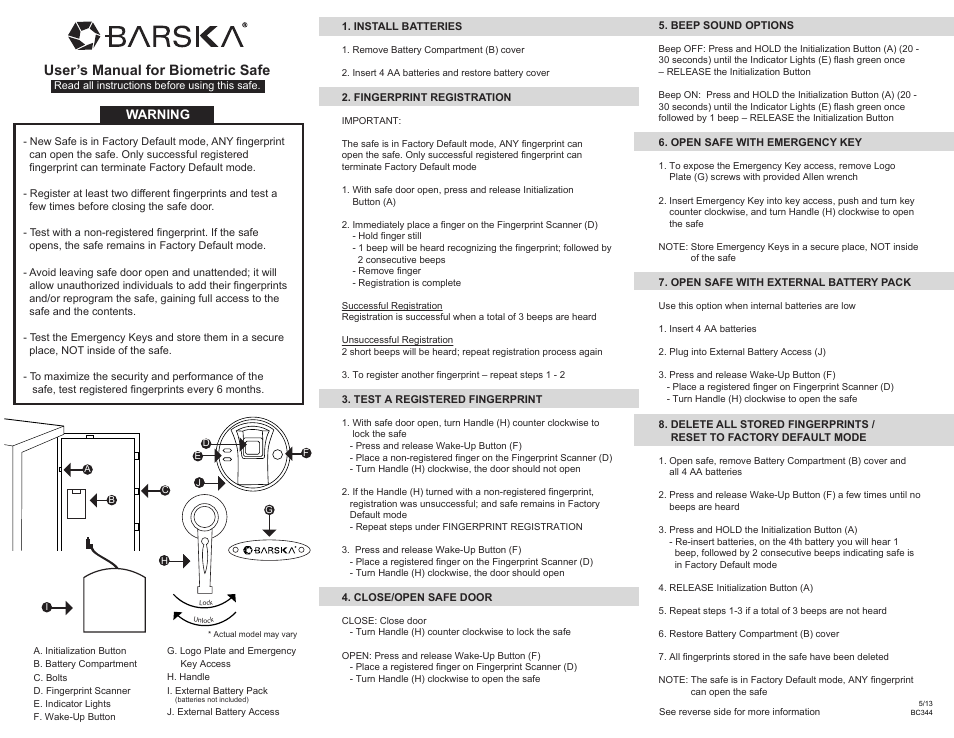 BARSKA AX11780 - Extra Large Biometric Rifle Safe User Manual | 2 pages