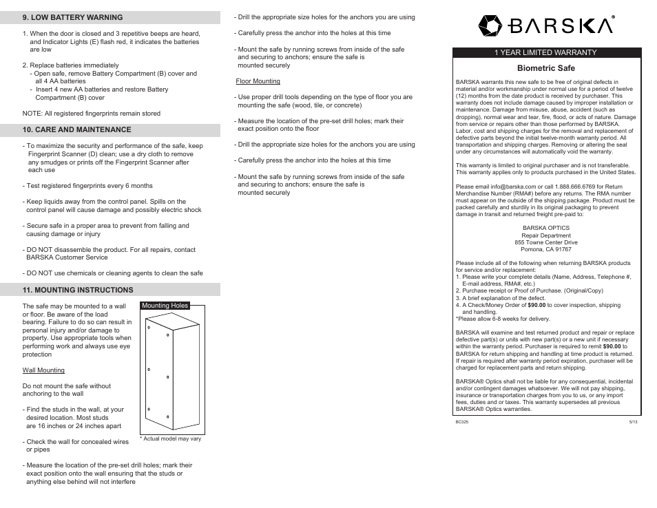 BARSKA AX11780 - Extra Large Biometric Rifle Safe User Manual | Page 2 / 2