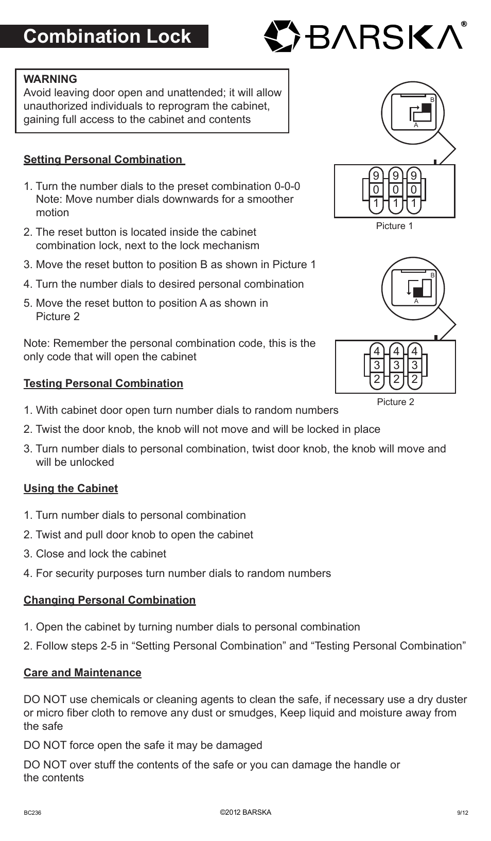 BARSKA AX11822 - 60 Position Key Safe with Combination Lock User Manual | 1 page