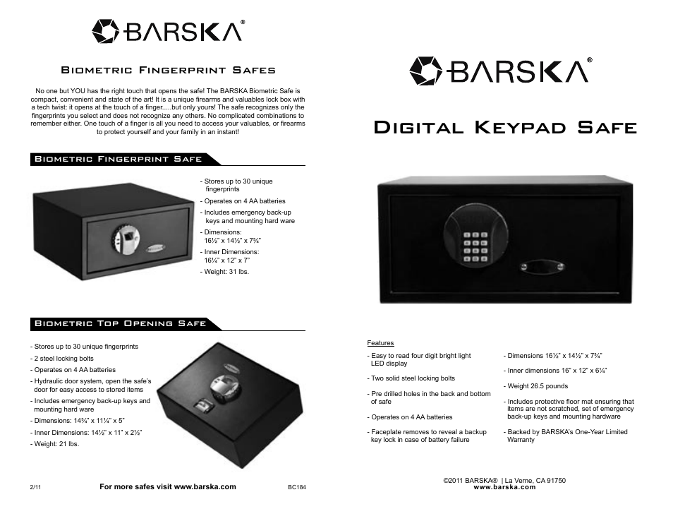 BARSKA AX11618 - Digital Keypad Safe User Manual | 3 pages