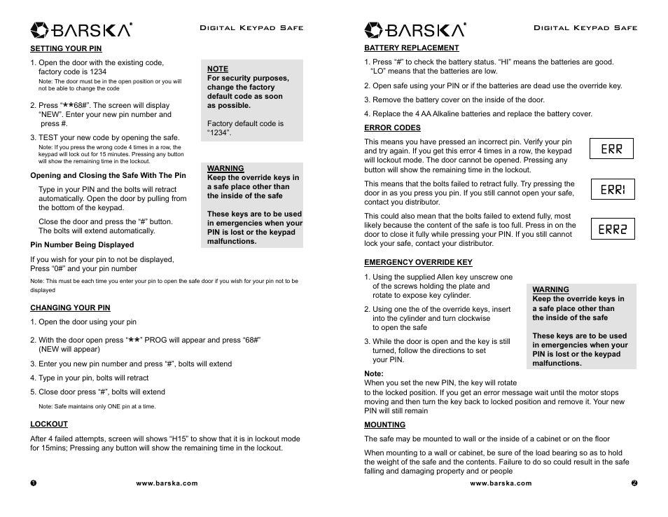 BARSKA AX11618 - Digital Keypad Safe User Manual | Page 2 / 3