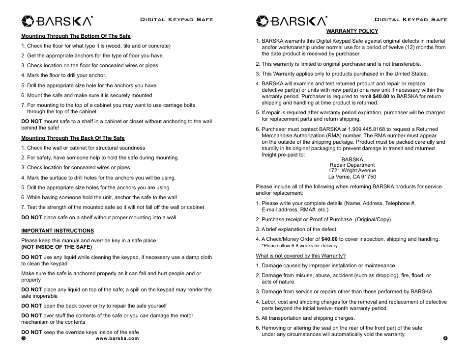 BARSKA AX11618 - Digital Keypad Safe User Manual | Page 3 / 3
