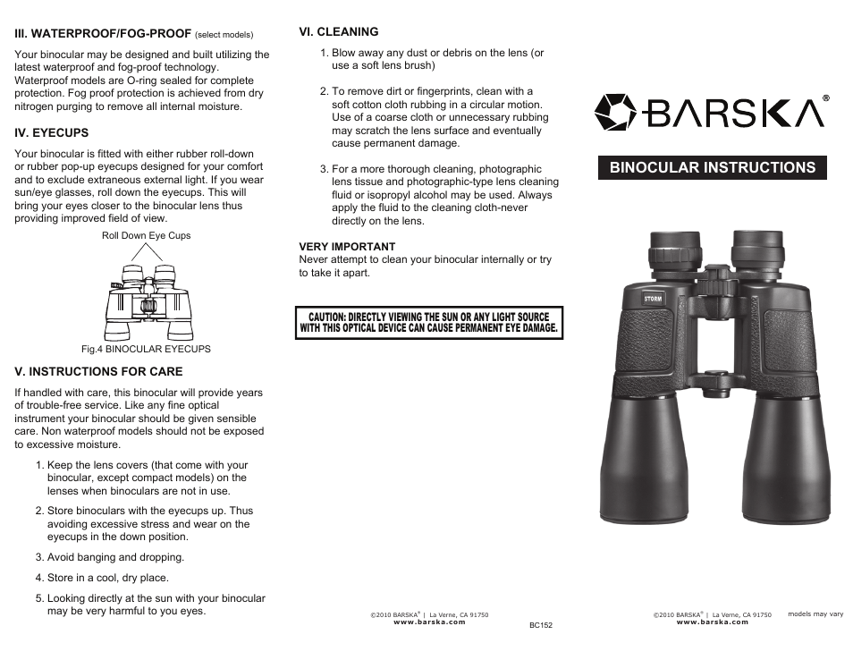 BARSKA Binocular User Manual | 2 pages