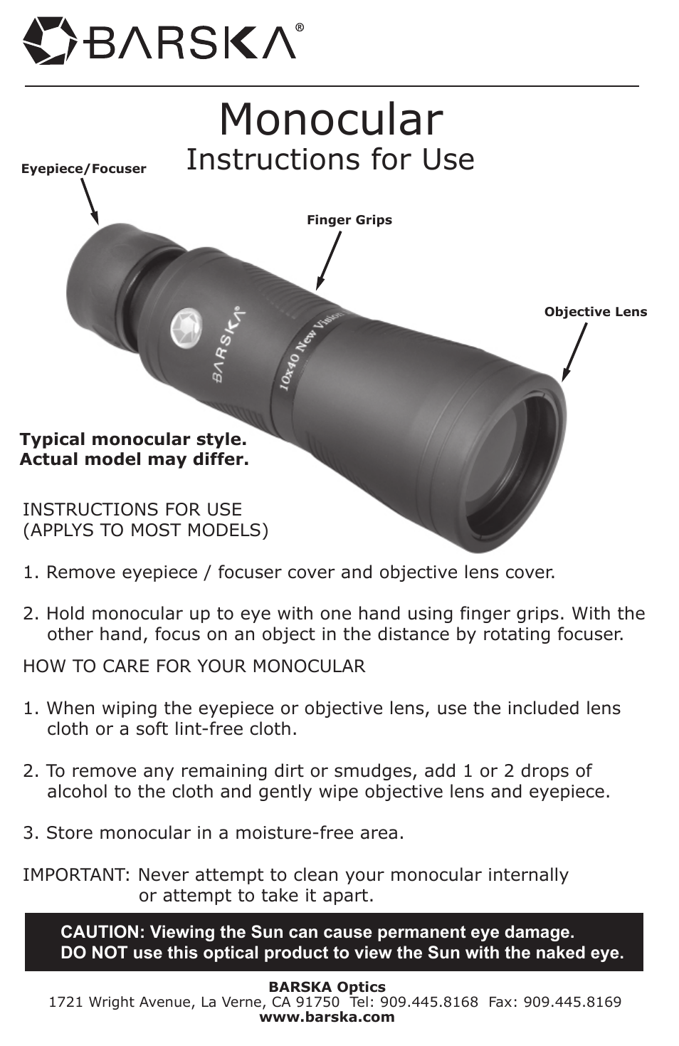BARSKA Monocular User Manual | 1 page