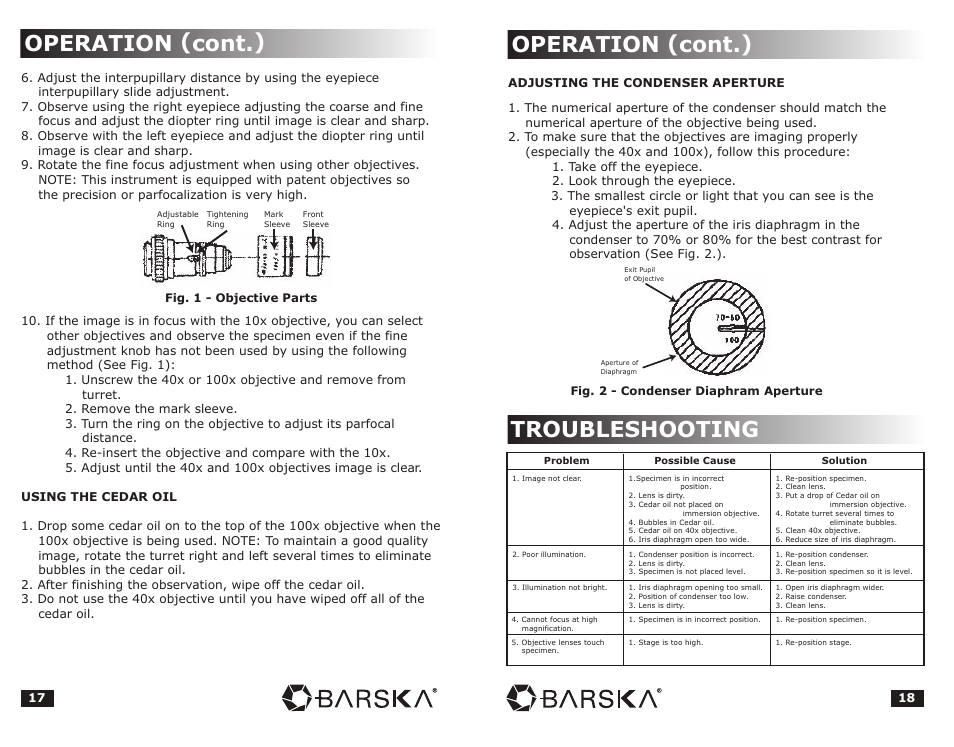 Operation (cont.), Troubleshooting | BARSKA Microscope User Manual | Page 10 / 10