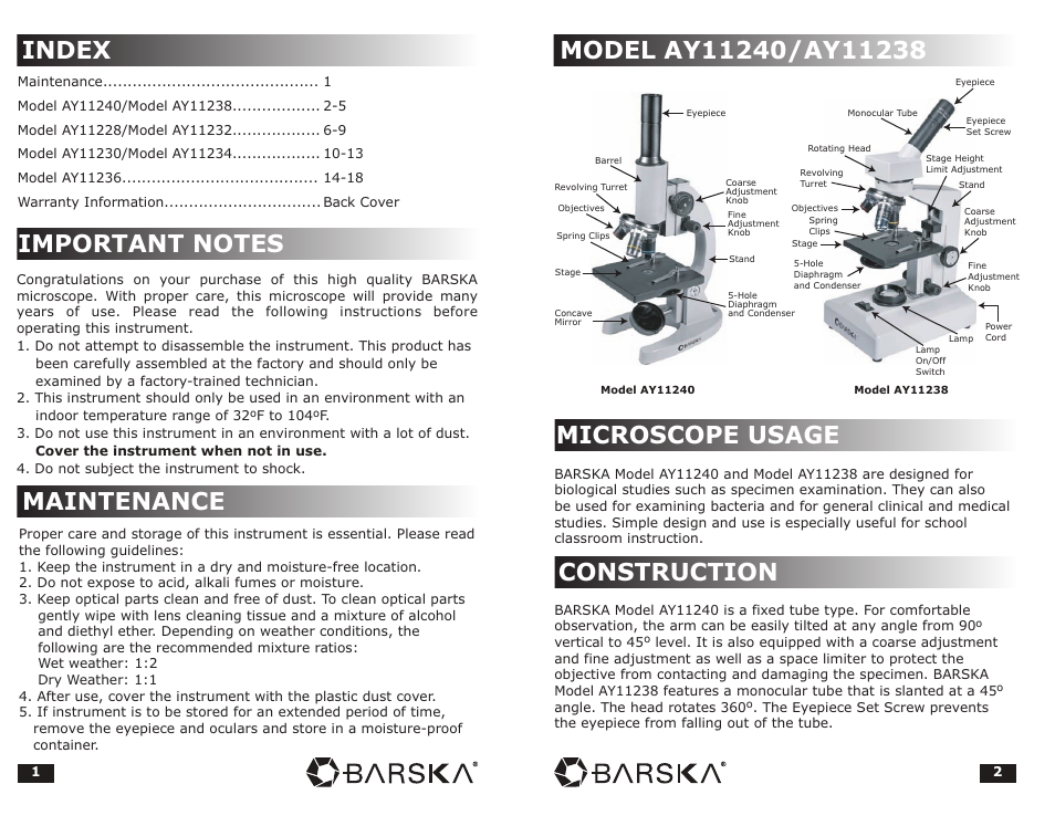 Maintenance, Microscope usage, Construction | BARSKA Microscope User Manual | Page 2 / 10