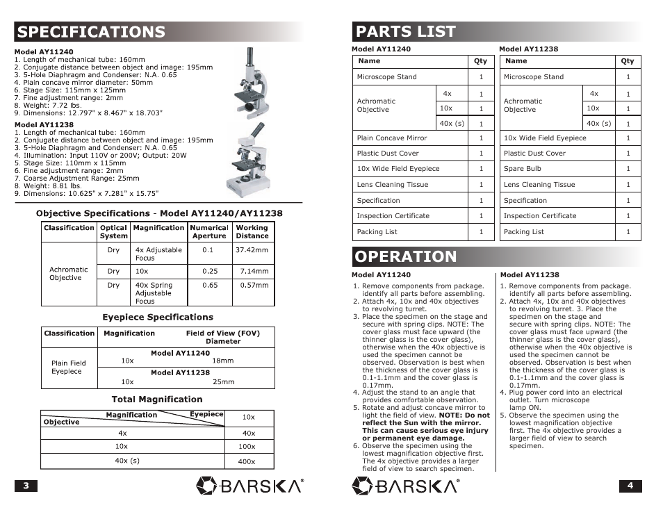 Parts list operation | BARSKA Microscope User Manual | Page 3 / 10