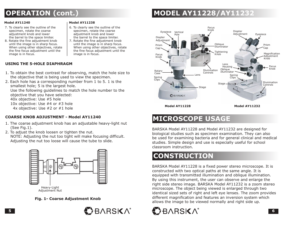 Operation (cont.), Construction | BARSKA Microscope User Manual | Page 4 / 10