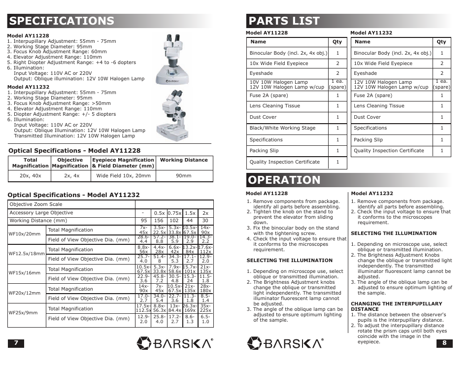 Specifications, Parts list operation | BARSKA Microscope User Manual | Page 5 / 10
