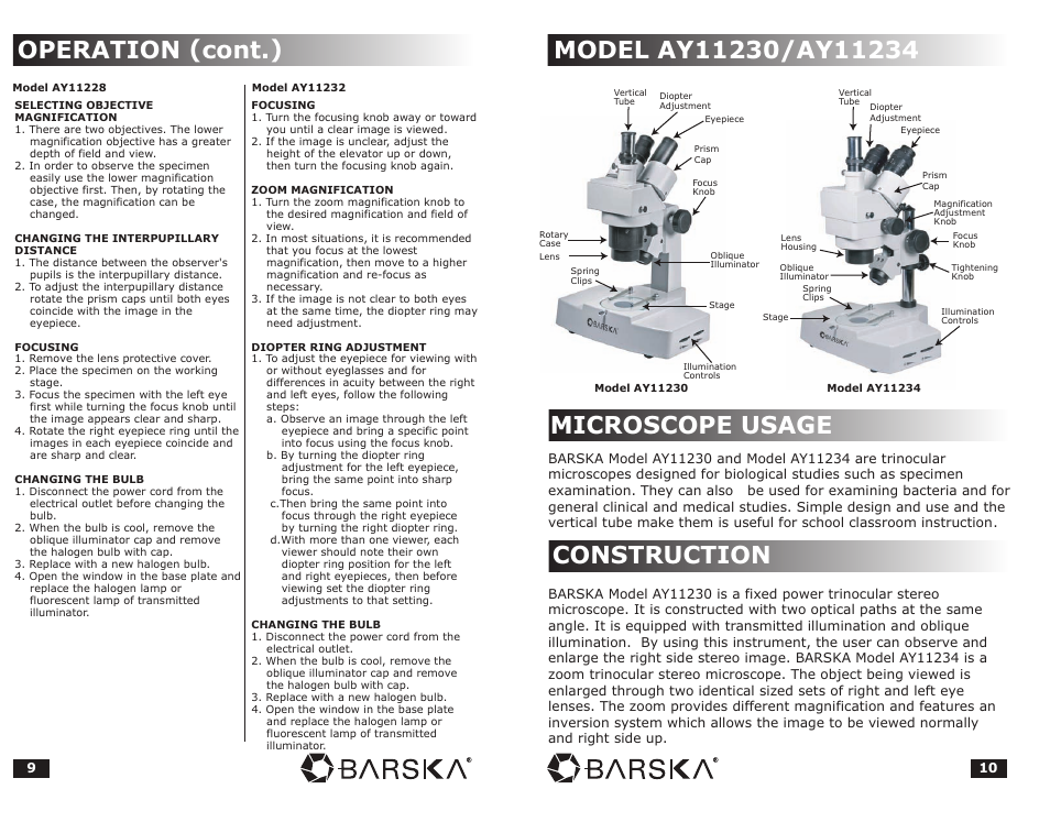 Operation (cont.), Construction | BARSKA Microscope User Manual | Page 6 / 10