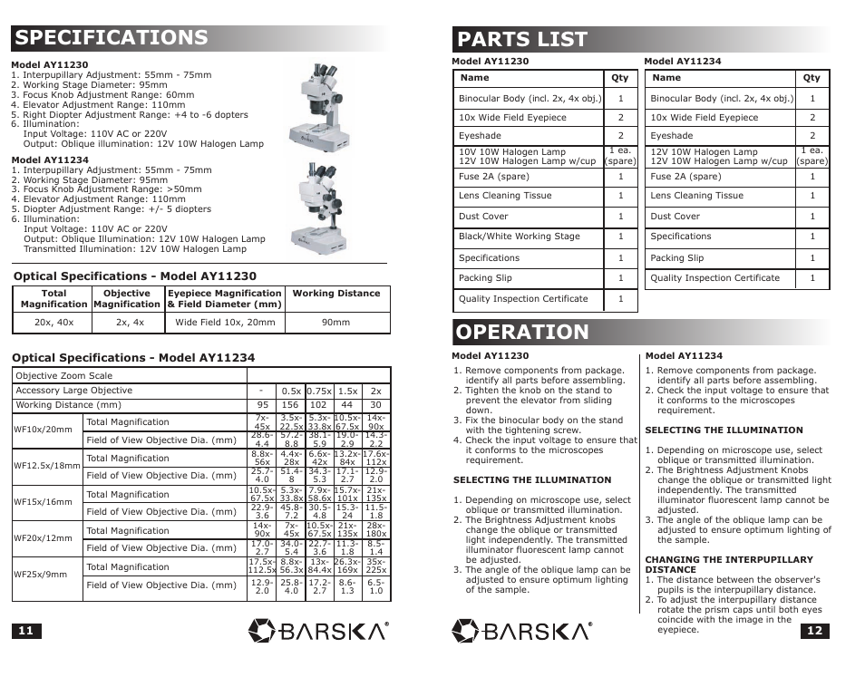 Specifications, Parts list operation | BARSKA Microscope User Manual | Page 7 / 10