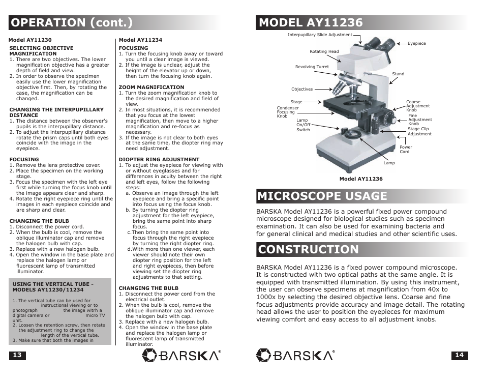 Operation (cont.), Construction | BARSKA Microscope User Manual | Page 8 / 10