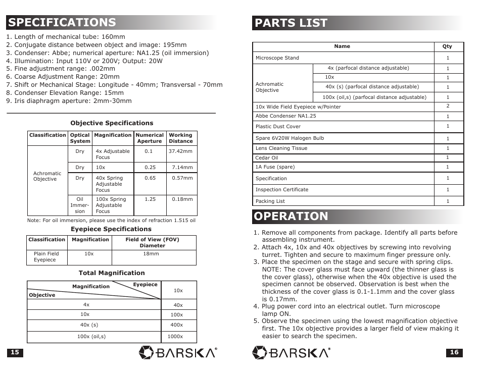 Specifications, Parts list operation | BARSKA Microscope User Manual | Page 9 / 10