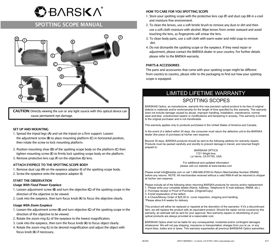 BARSKA Spotting Scope User Manual | 1 page