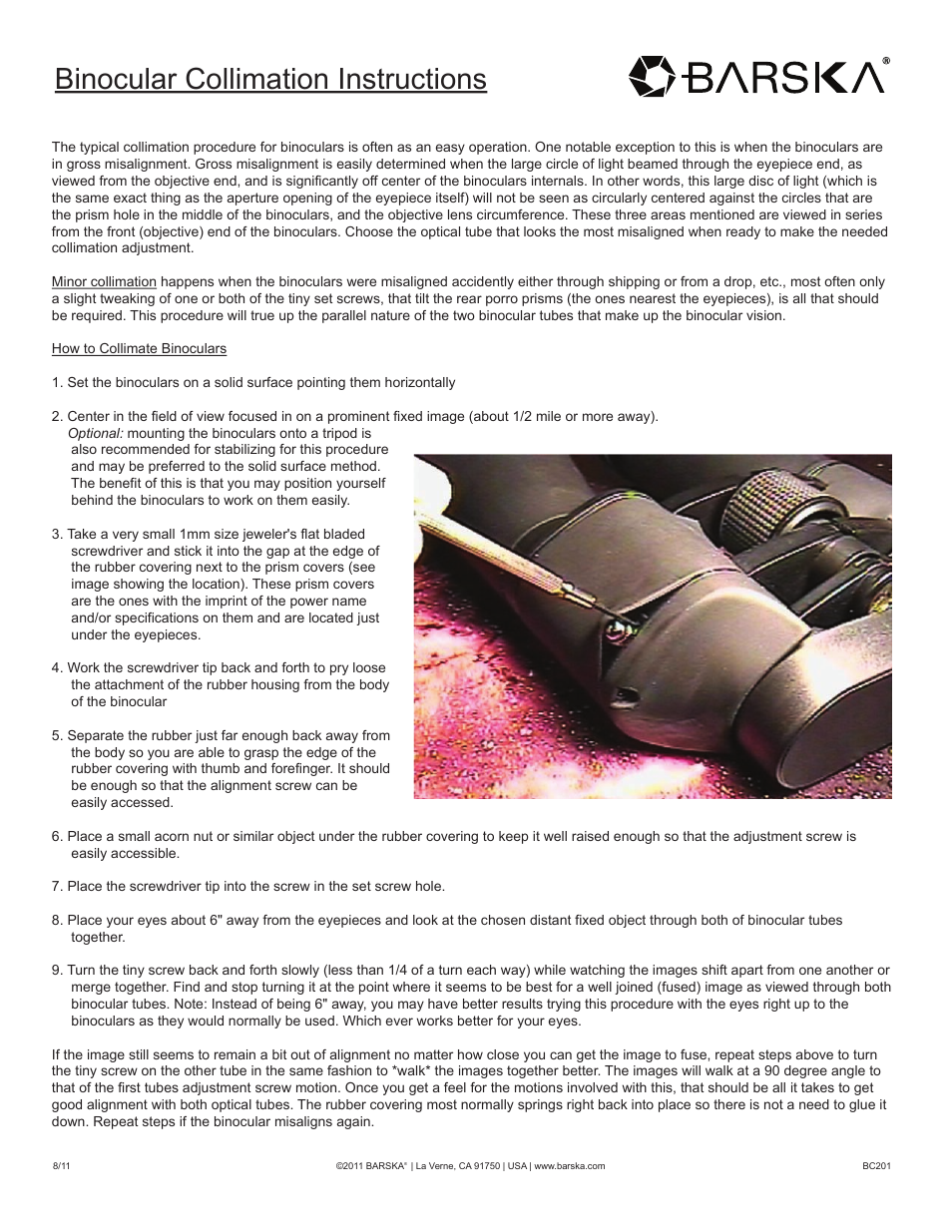 BARSKA Binocular Collimation User Manual | 1 page