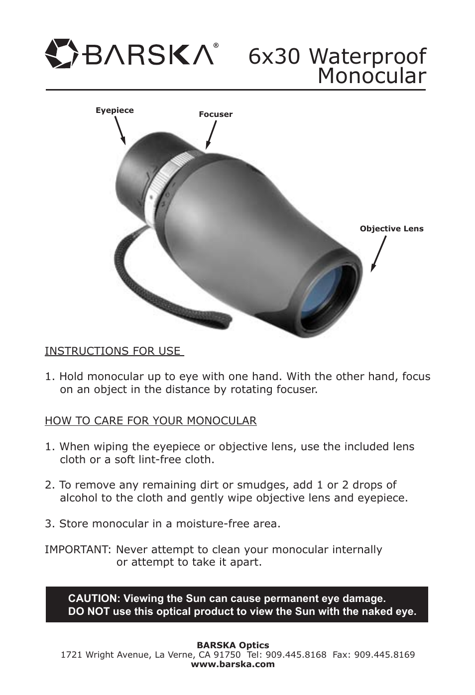 BARSKA AA11278 6x30 Monocular User Manual | 1 page