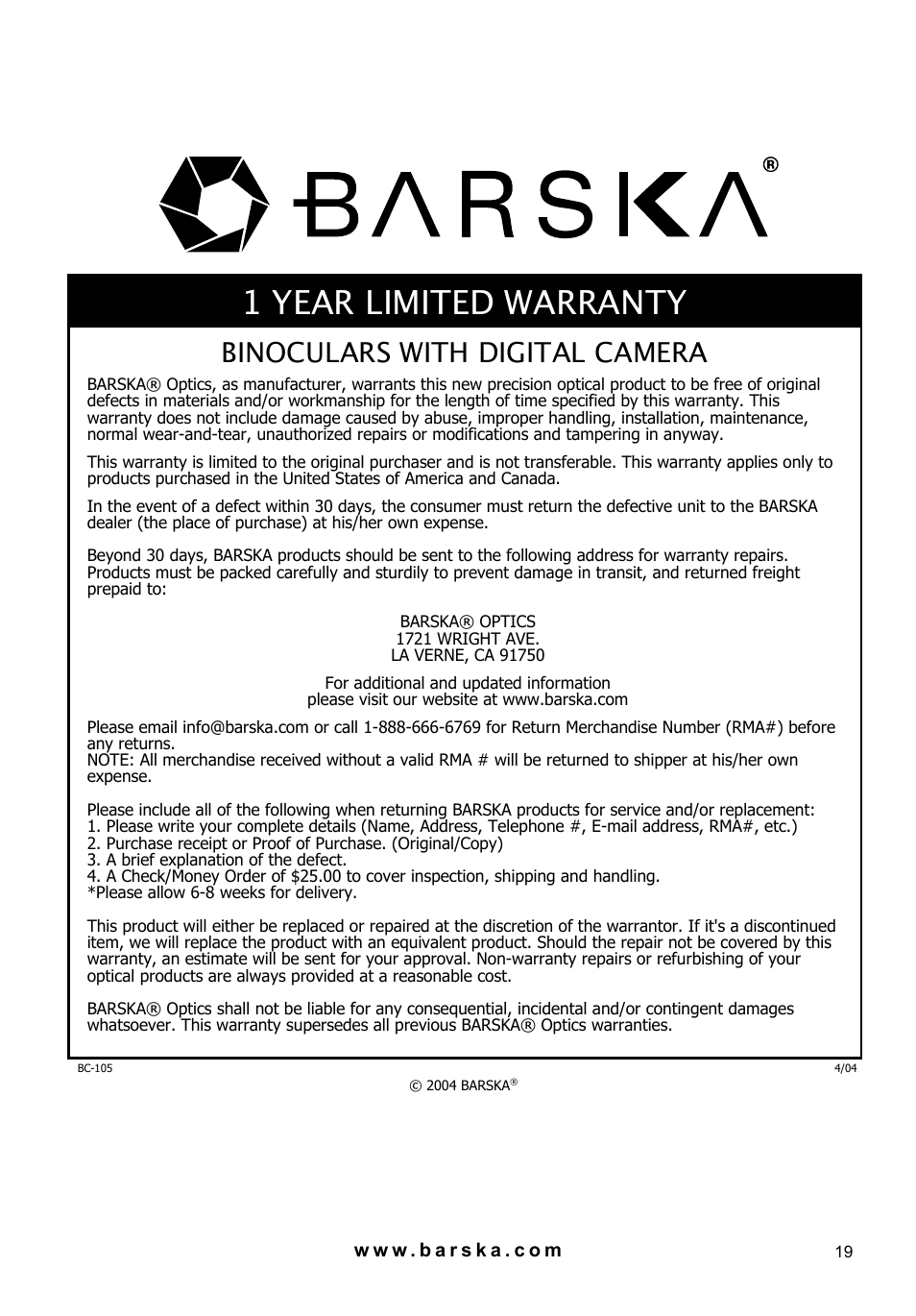 1 year limited warranty, Binoculars with digital camera | BARSKA AH11410 8x32 Point N View 8MP Binocular Manual User Manual | Page 19 / 20