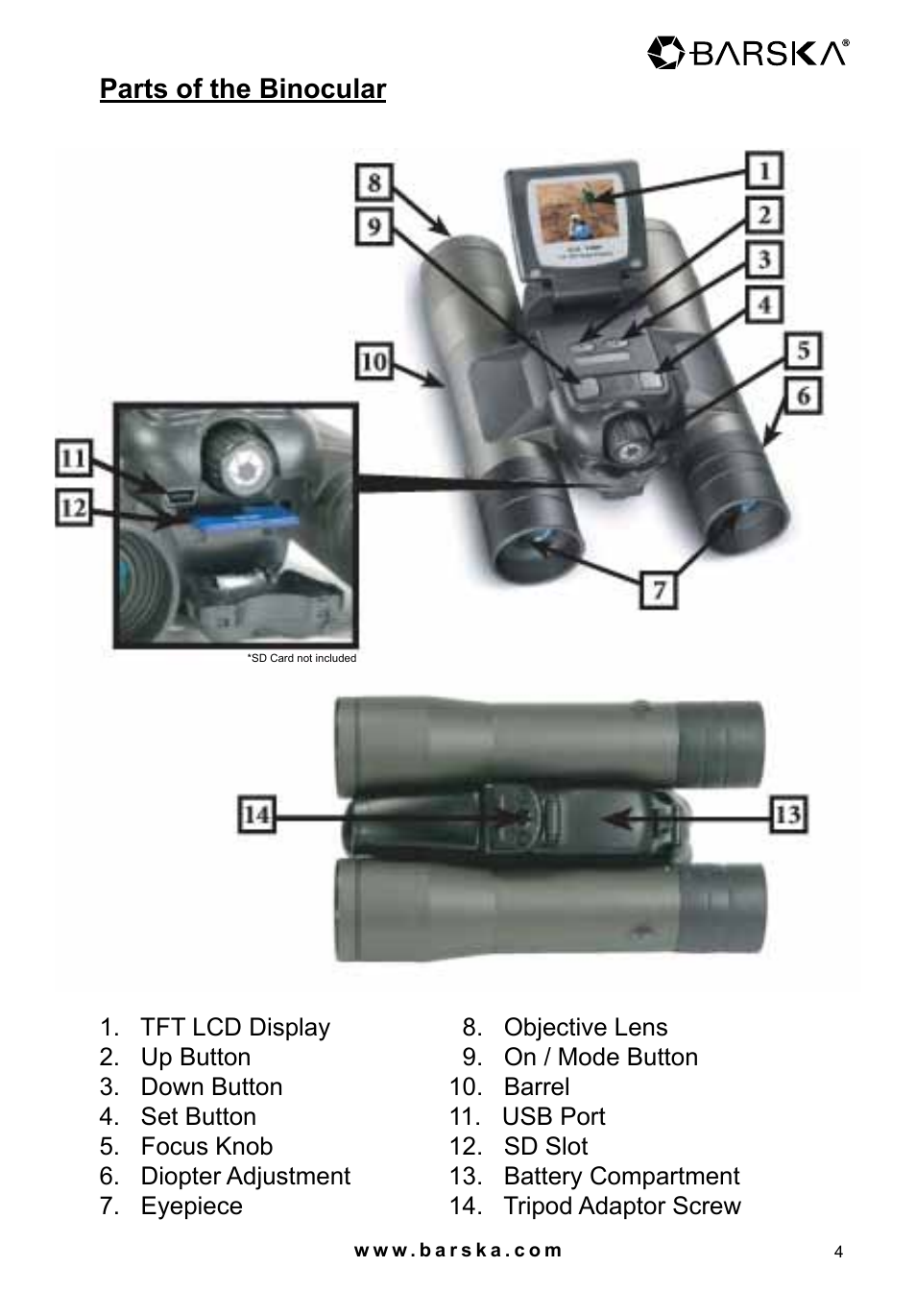 Parts of the binocular | BARSKA AH11410 8x32 Point N View 8MP Binocular Manual User Manual | Page 4 / 20