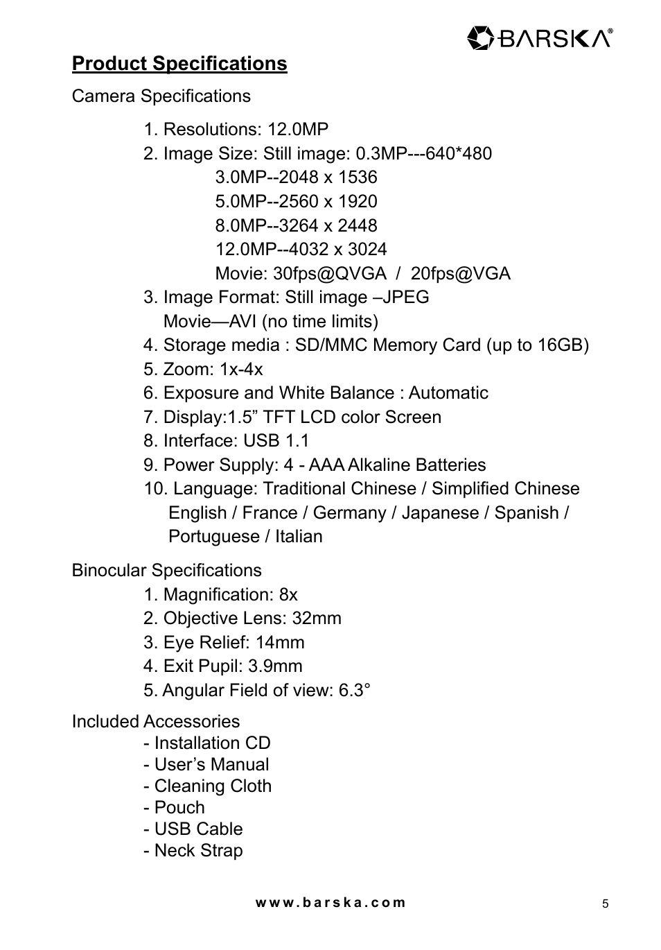 BARSKA AH11410 8x32 Point N View 8MP Binocular Manual User Manual | Page 5 / 20