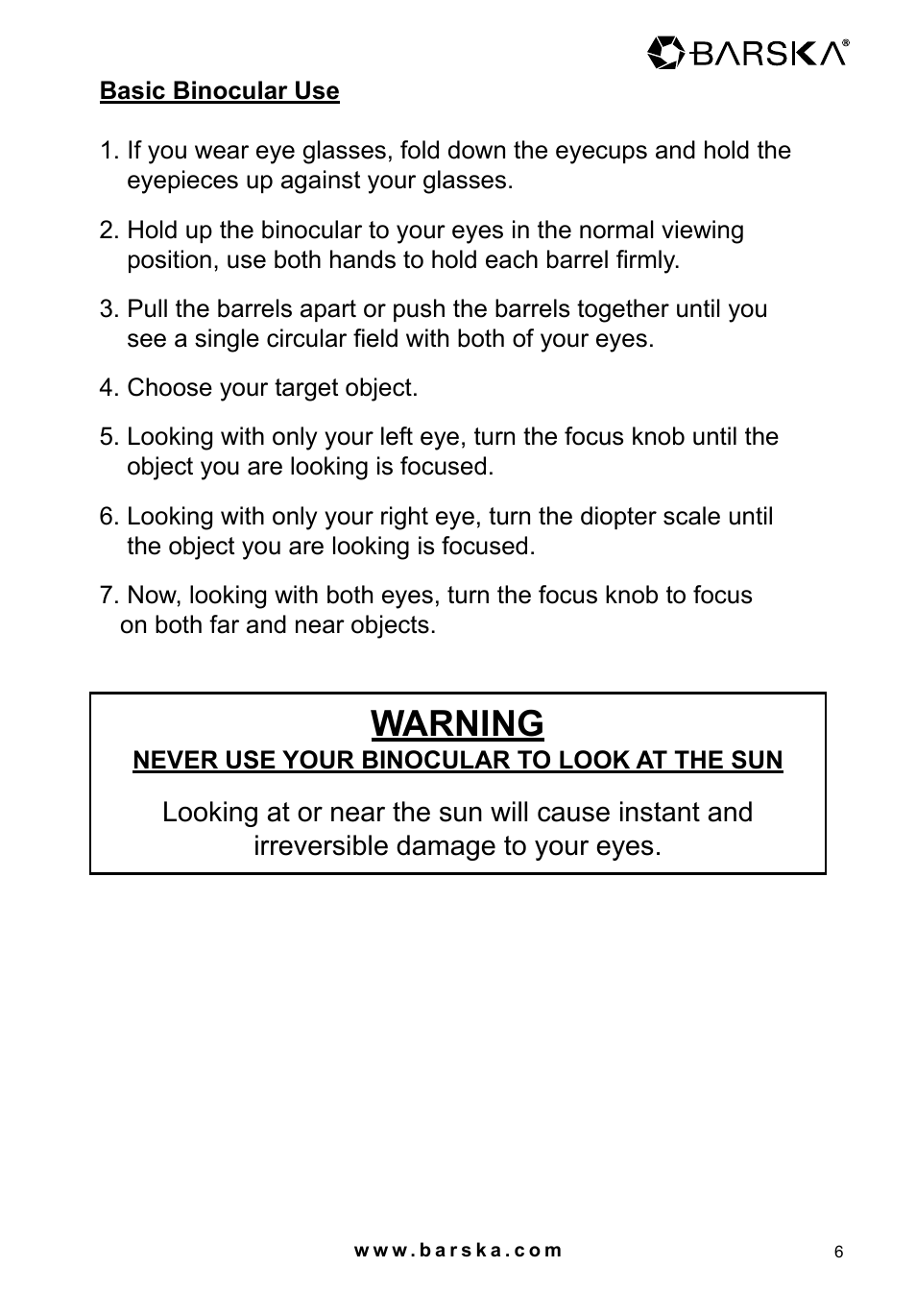 Warning | BARSKA AH11410 8x32 Point N View 8MP Binocular Manual User Manual | Page 6 / 20