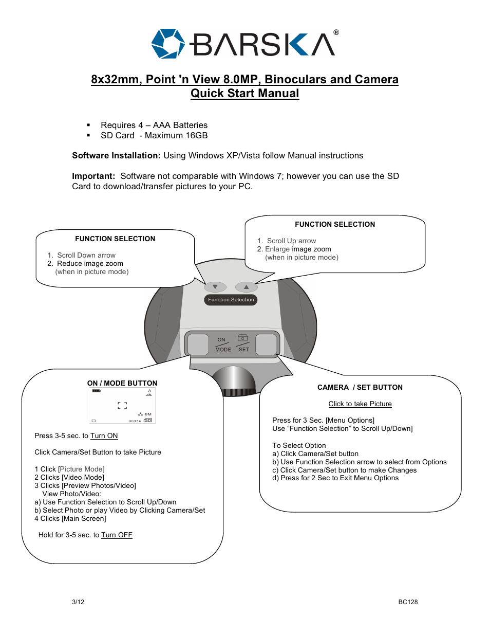 BARSKA AH11410 8x32 Point N View 8MP Binocular Quick Start User Manual | 1 page