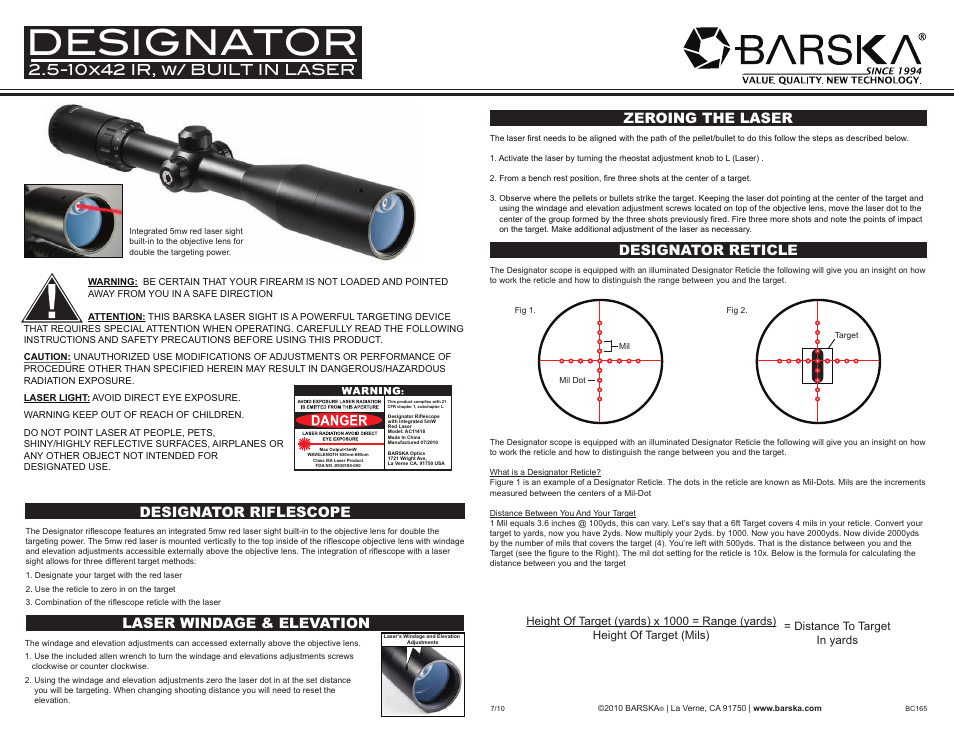 BARSKA AC11418 2.5-10x42 IR Designator User Manual | 1 page