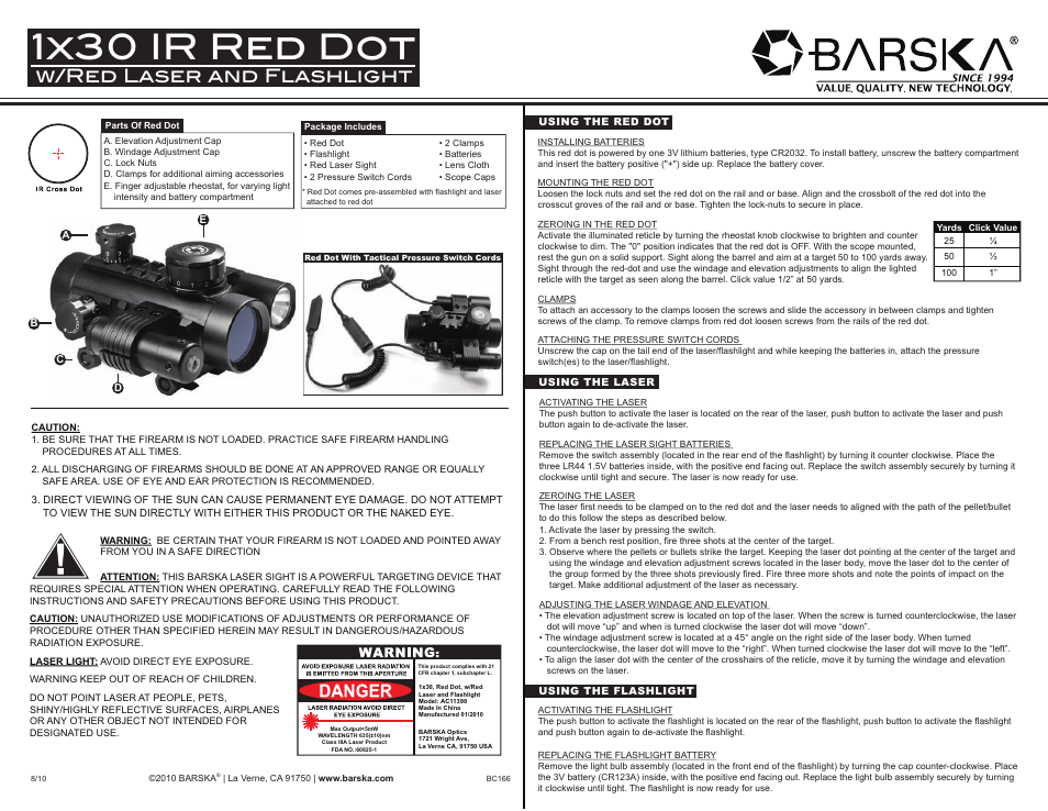 BARSKA AC11398 1x30 Red Dot with Laser and Flashlight User Manual | 1 page