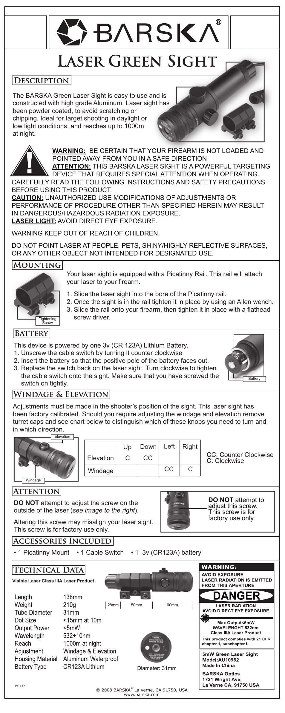 BARSKA AU10982 Green Laser Sight with Picatinny Rail User Manual | 1 page