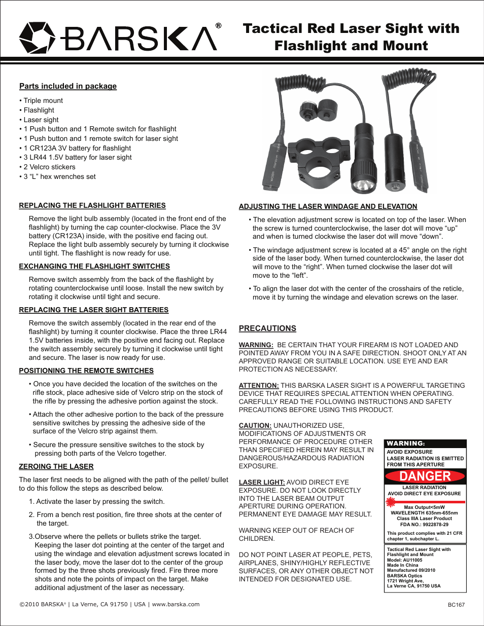 BARSKA AU11005 Tactical Red Laser Sight with Flashlight and Mount User Manual | 1 page