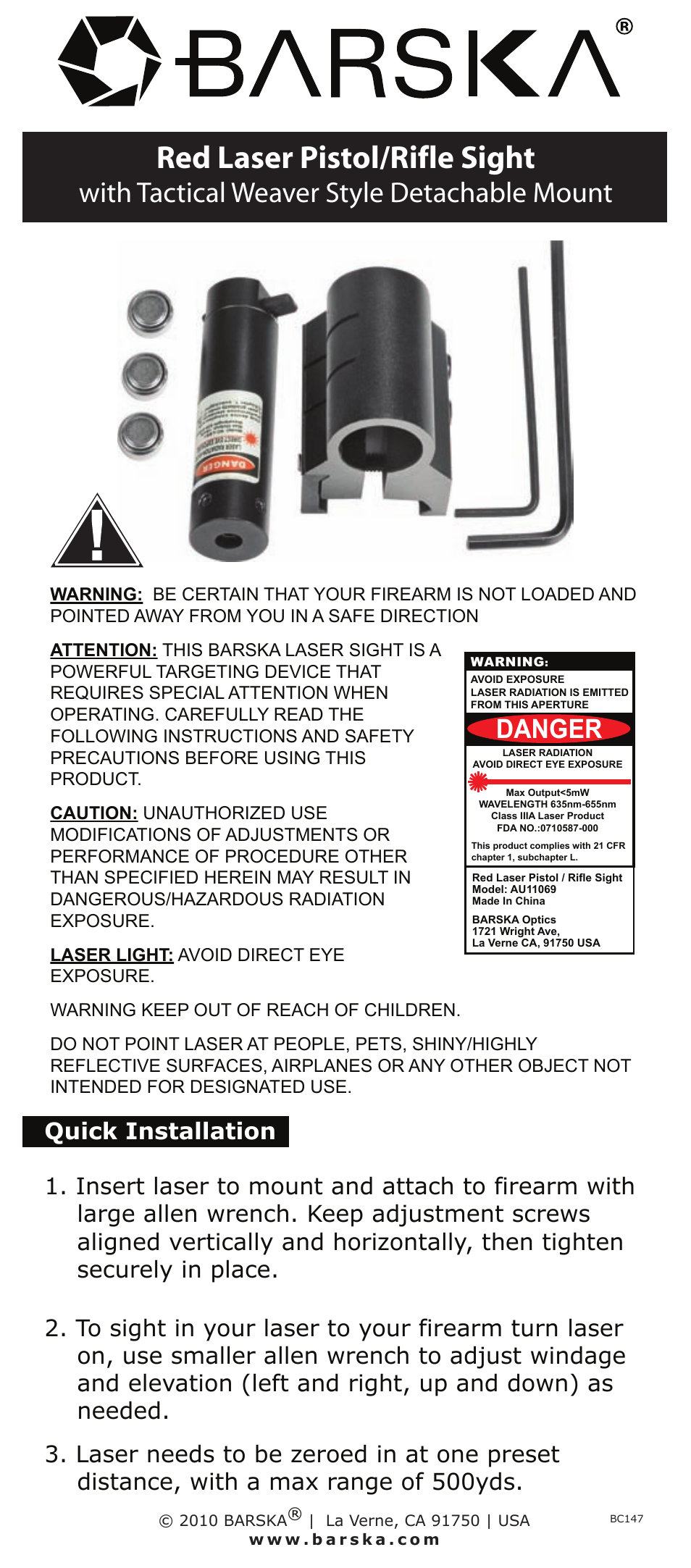 BARSKA AU11069 Red Laser Pistol/Rifle Sight with Picatinny Compact Weaver Rail User Manual | 1 page