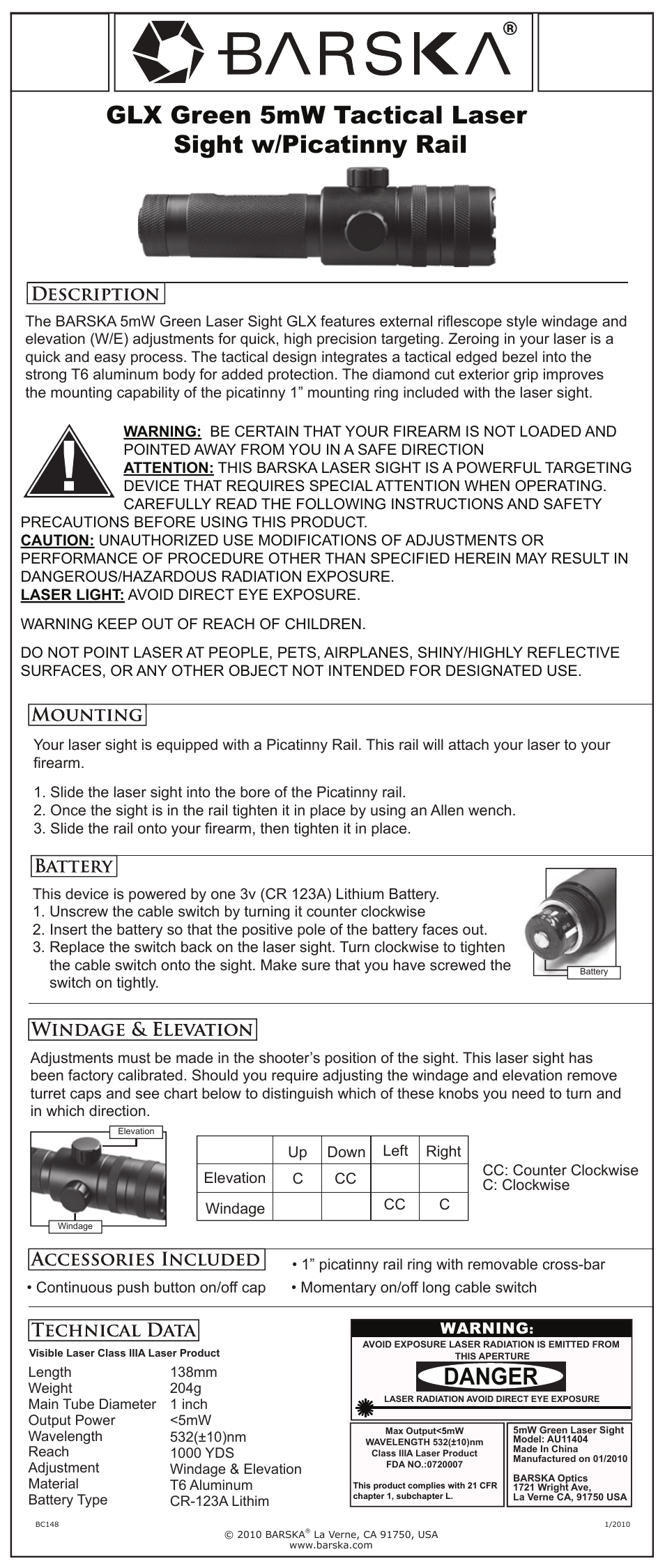 BARSKA AU11404 GLX Green Tactical Laser Sight User Manual | 1 page