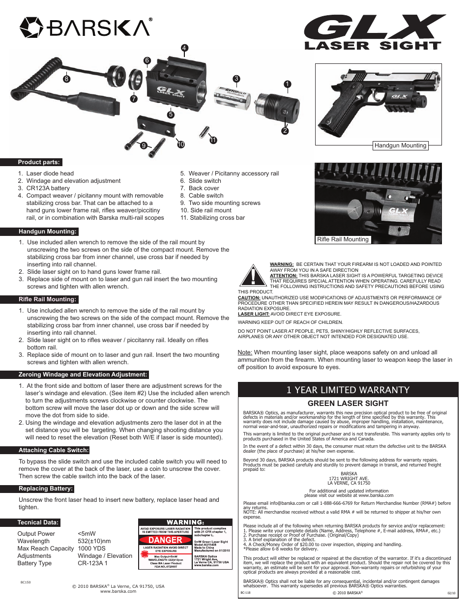 BARSKA AU11408 GLX Green Laser w/Built-In Mount and Rail User Manual | 1 page