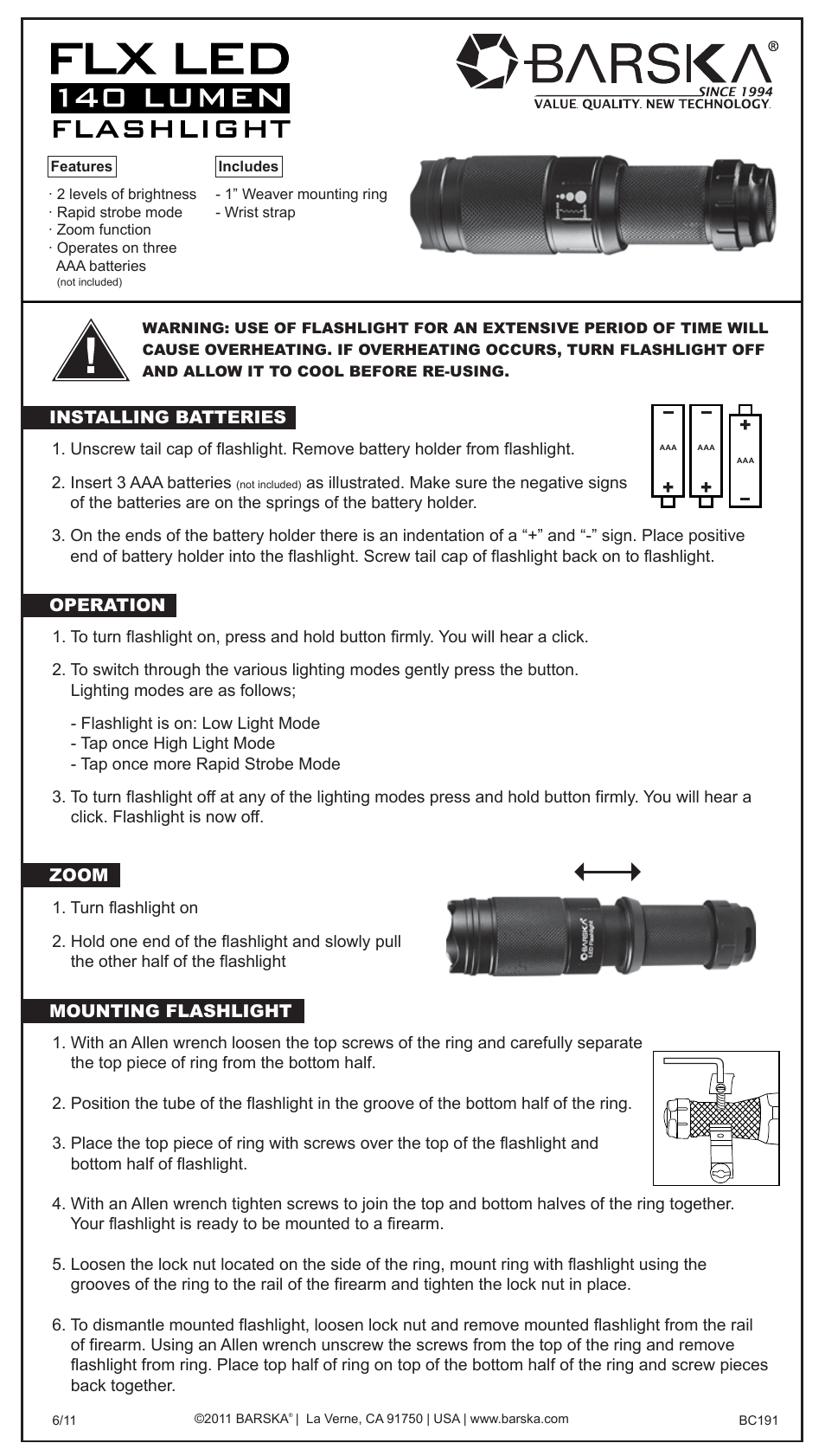 BARSKA BA11403 140 Lumen 3W LED Tactical Flashlight User Manual | 1 page