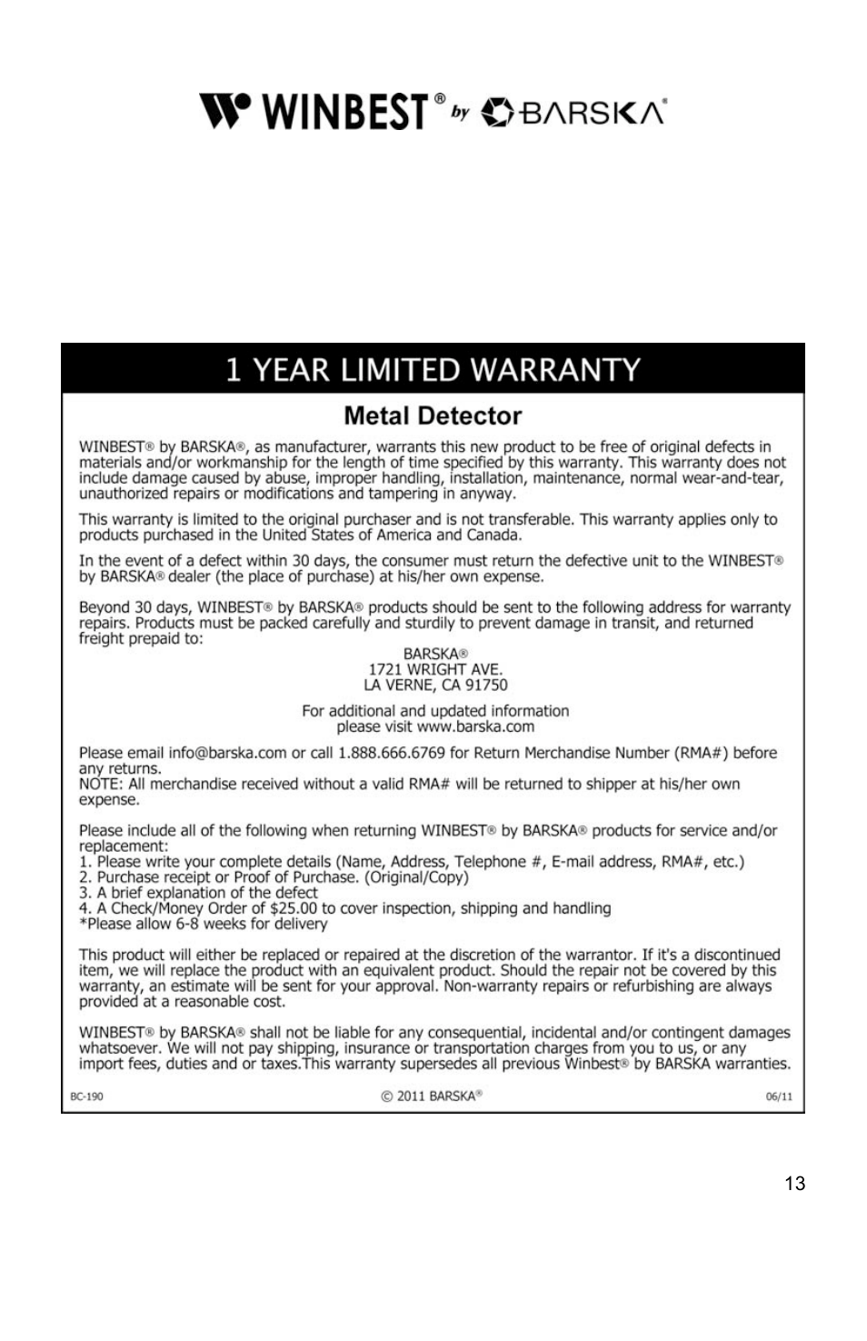 BARSKA BE11638 Pro Edition Metal Detector User Manual | Page 13 / 14