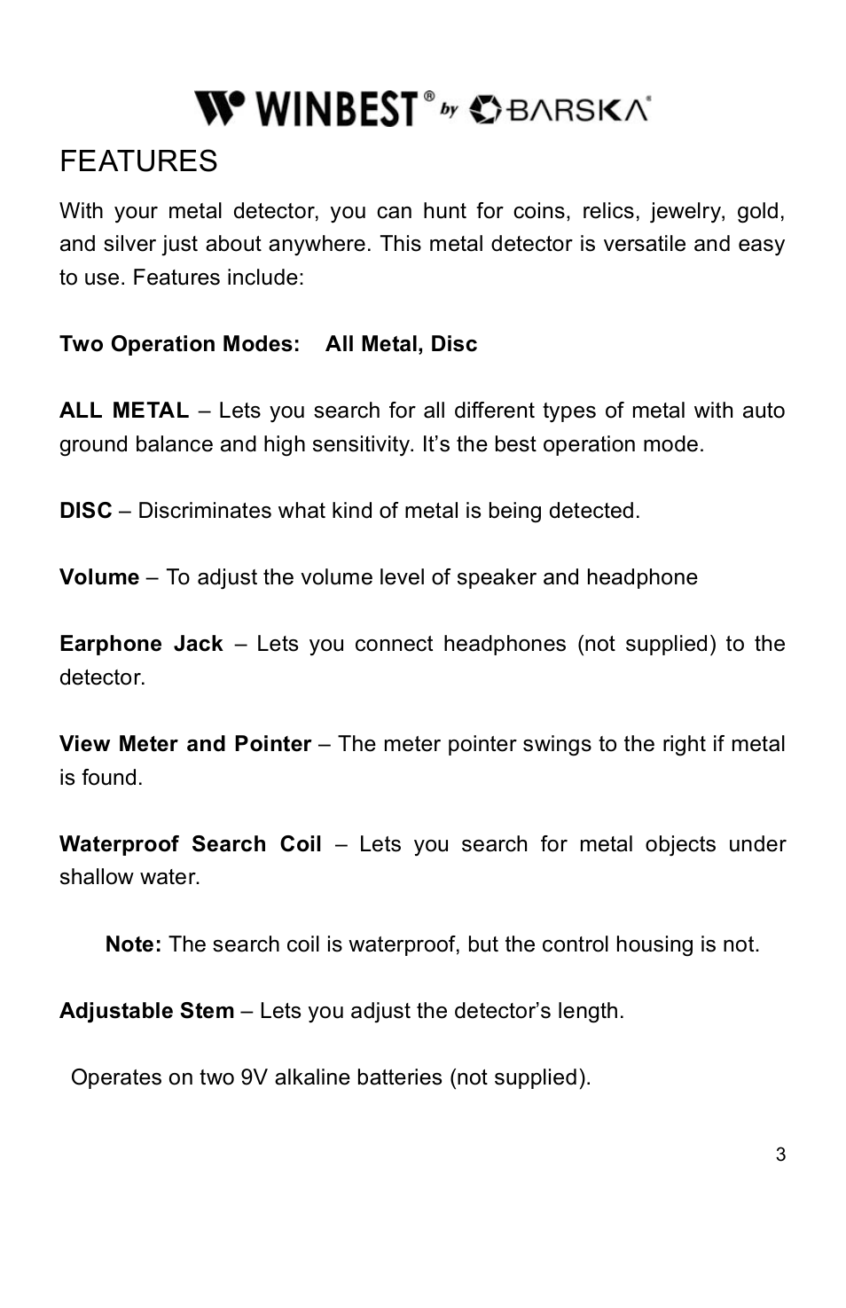 Features | BARSKA BE11638 Pro Edition Metal Detector User Manual | Page 3 / 14