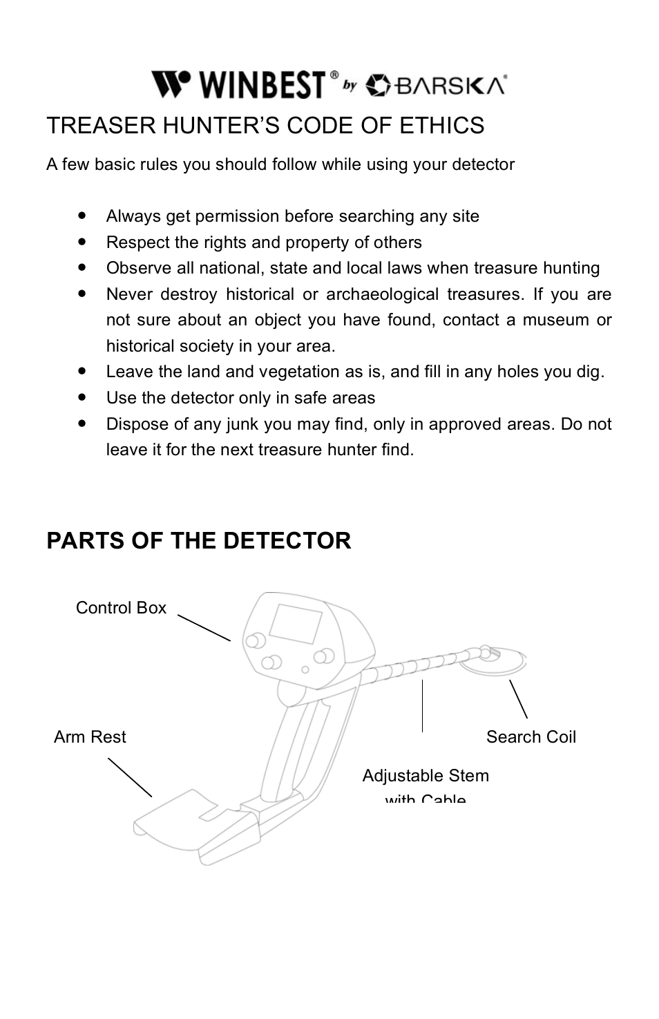 Treaser hunter’s code of ethics, Parts of the detector | BARSKA BE11638 Pro Edition Metal Detector User Manual | Page 4 / 14