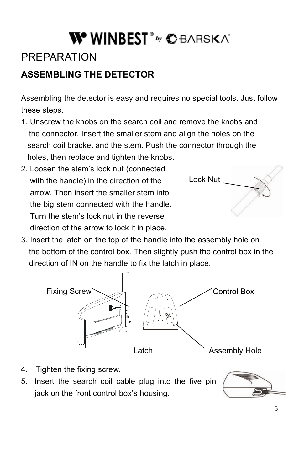 Preparation, Assembling the detector | BARSKA BE11638 Pro Edition Metal Detector User Manual | Page 5 / 14