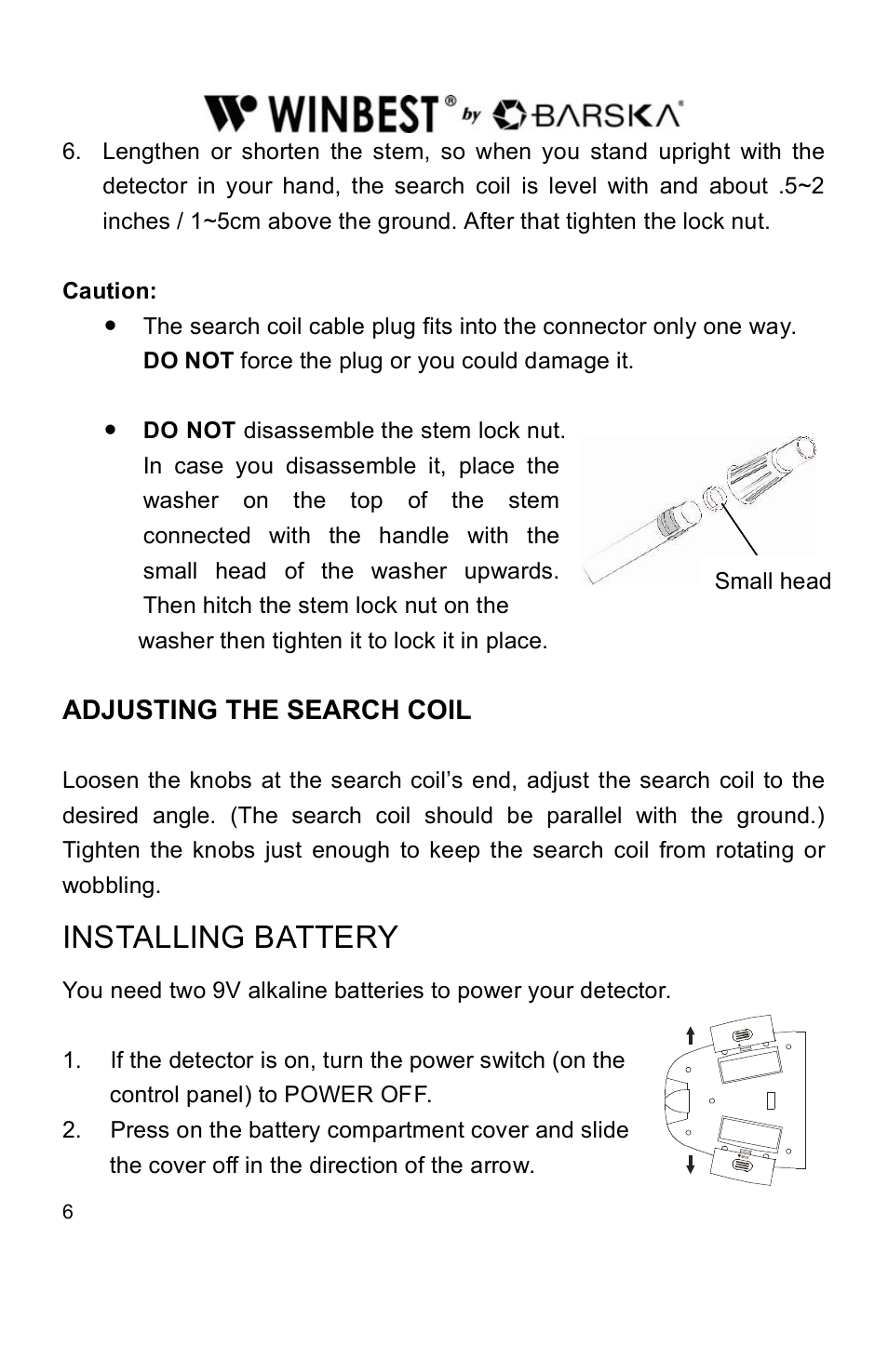 Installing battery, Adjusting the search coil | BARSKA BE11638 Pro Edition Metal Detector User Manual | Page 6 / 14