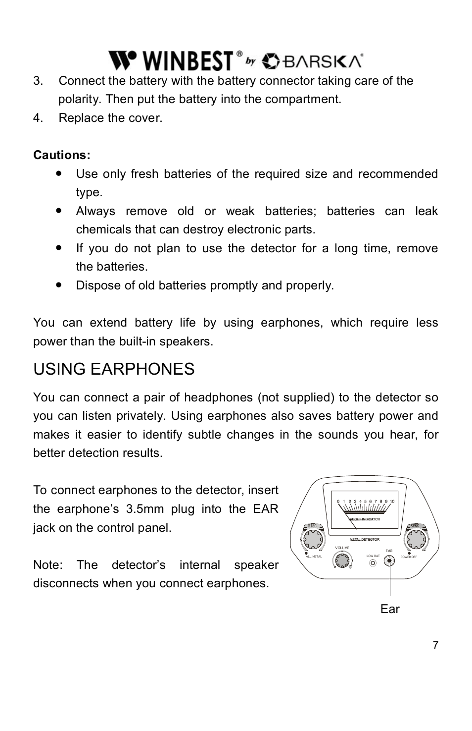 Using earphones | BARSKA BE11638 Pro Edition Metal Detector User Manual | Page 7 / 14