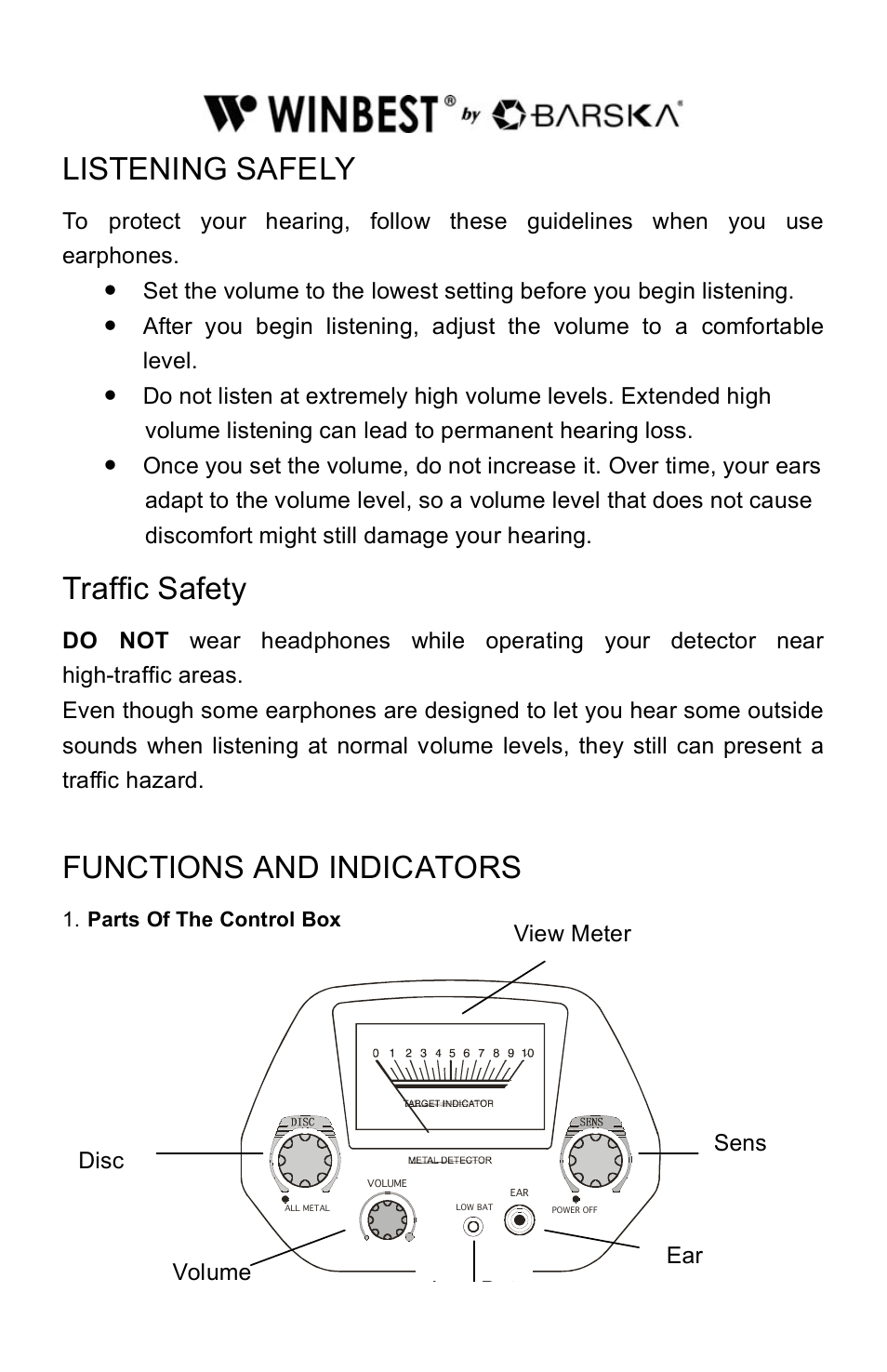 Listening safely, Traffic safety, Functions and indicators | BARSKA BE11638 Pro Edition Metal Detector User Manual | Page 8 / 14