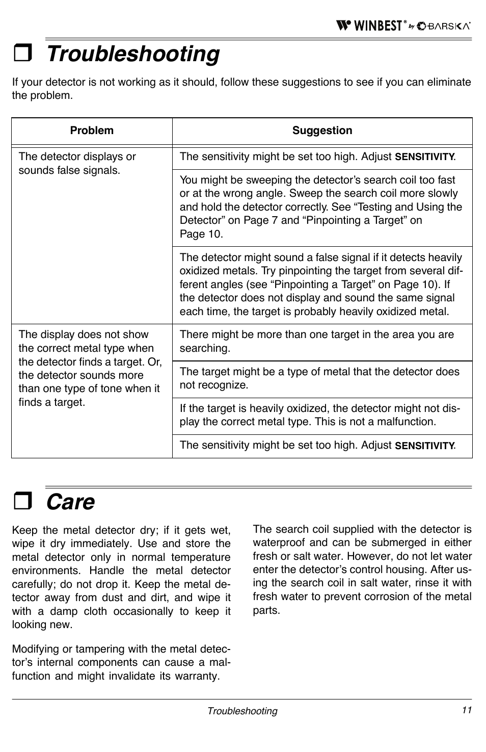 Troubleshooting, Care | BARSKA BE11640 Master Edition Metal Detector User Manual | Page 11 / 12