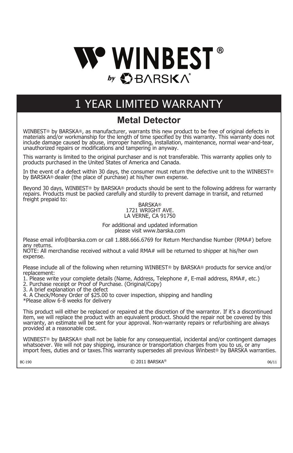 1 year limited warranty, Metal detector | BARSKA BE11640 Master Edition Metal Detector User Manual | Page 12 / 12