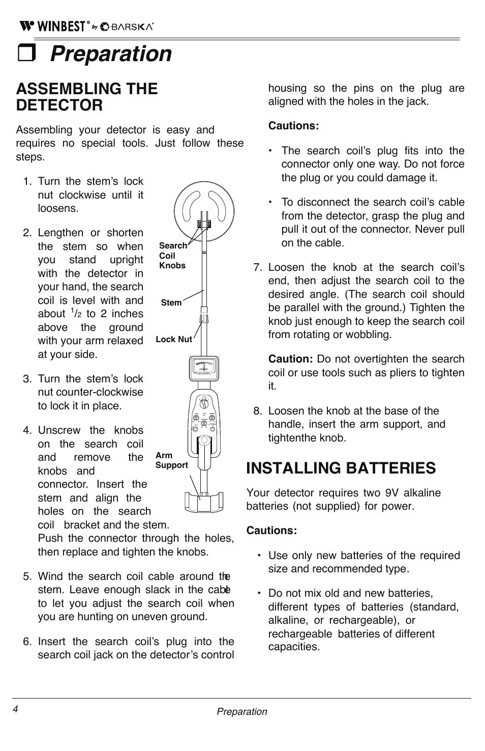 Preparation, Assembling the detector, Installing batteries | BARSKA BE11640 Master Edition Metal Detector User Manual | Page 4 / 12