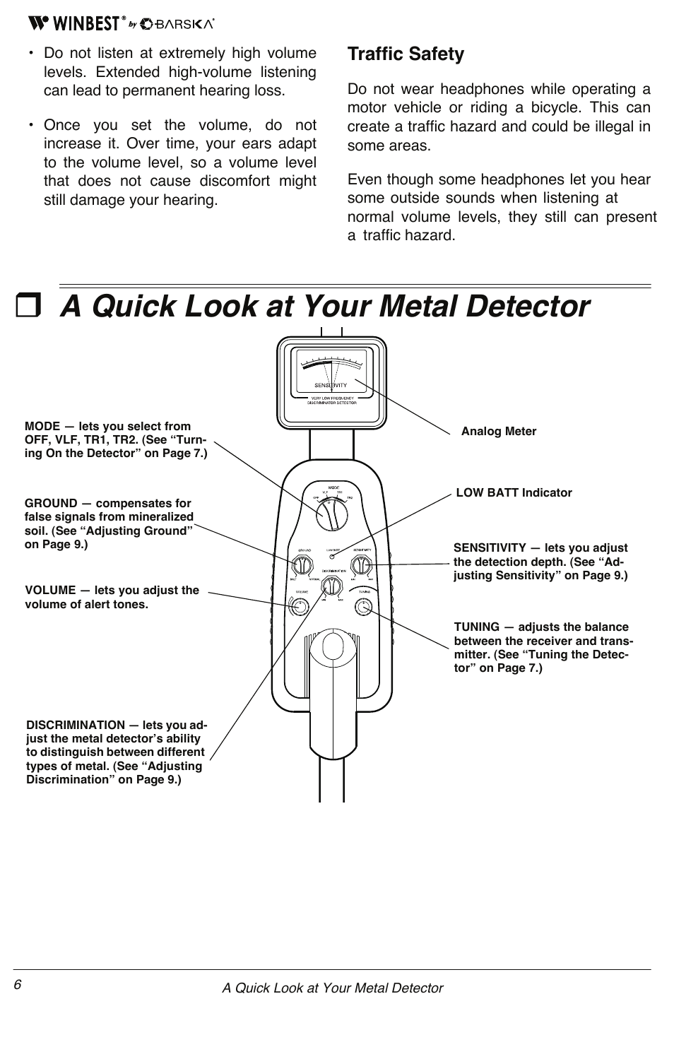 A quick look at your metal detector, Traffic safety | BARSKA BE11640 Master Edition Metal Detector User Manual | Page 6 / 12