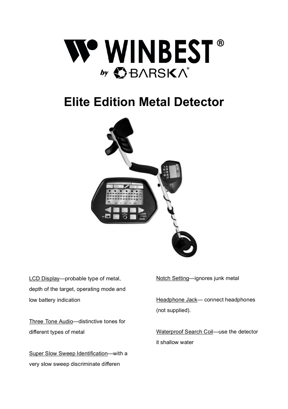 BARSKA BE11642 Elite Edition Metal Detector User Manual | 16 pages